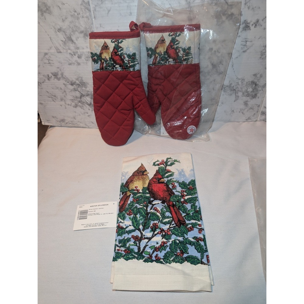 Vintage Stevens Linen Winter Splendor Cardinal Birds Oven Mitts & Kitchen Towel